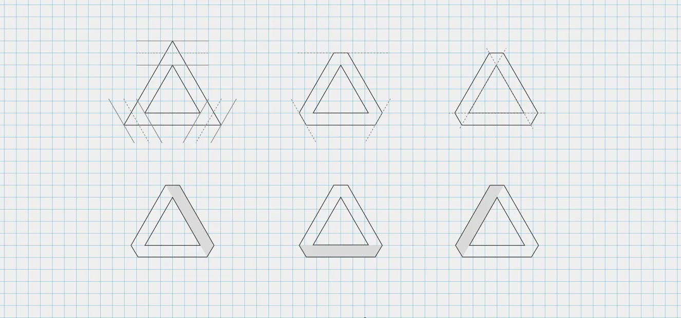 Bocetos de construcción geométrica de un símbolo triangular sobre cuadrícula