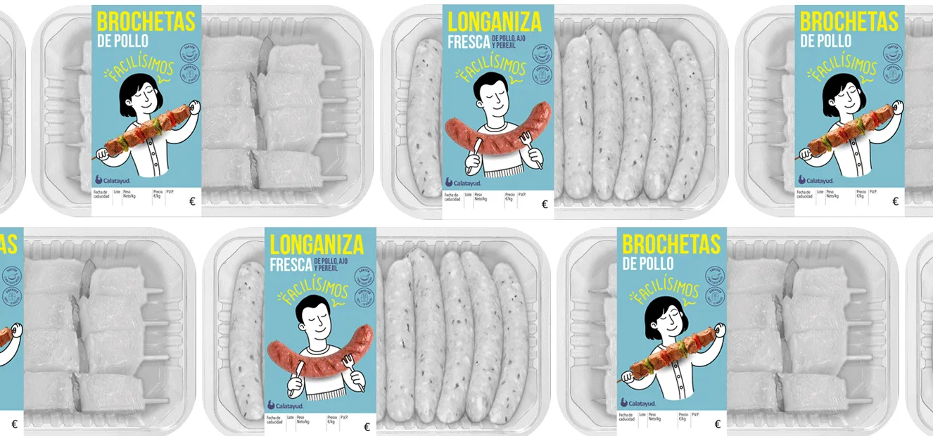 Bandejas de producto fresco con etiquetas ilustradas