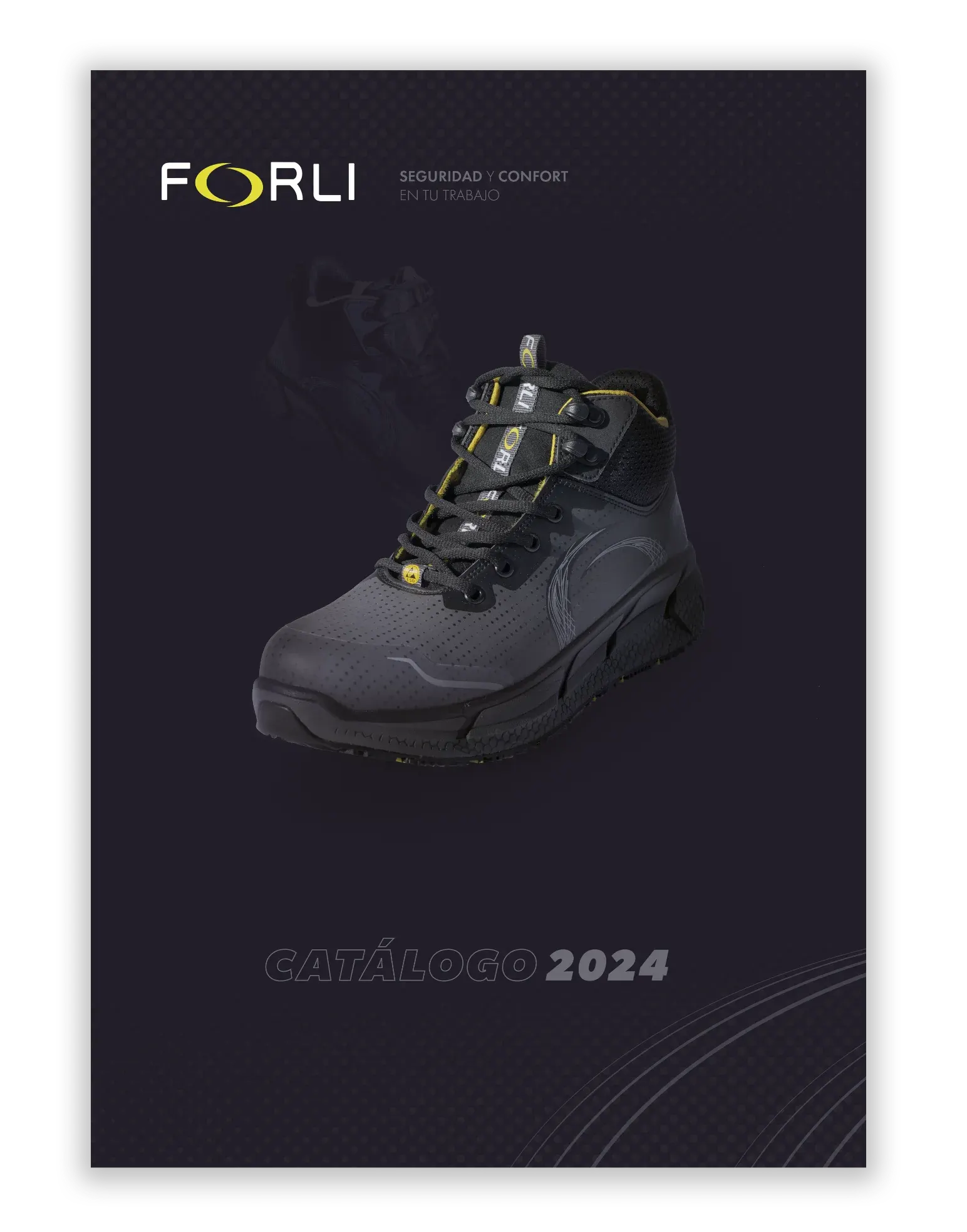 Portada oscura del catálogo Forli 2024 con bota de seguridad